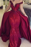 Mermaid Off the Shoulder Burgundy Long Sleeves V Neck Prom Dresses with Detachable Train STB15263