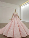 Elegant Ball Gown Pink Long Sleeves Appliques Prom Dresses, Quinceanera STB20482