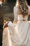Long Sleeve Two Pieces Lace Round Neck Beach Wedding Dresses Chiffon Boho Bridal Gowns STB14979