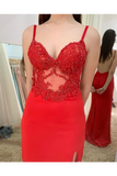 Illusion SweetHeart Neck Backless Spaghetti Red Prom Dresses With Sweep STBP7GFQPJ3