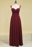 A Line Straps Beaded And Ruched Bodice Prom Dresses Floor Length Chiffon