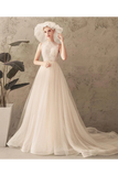 Ivory Jewel Sleeveless Tulle Wedding Dress With Lace A Line Pleats Open Back Bridal STBPXNMNP57