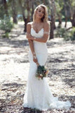 Sexy Spaghetti Straps Mermaid Lace Ivory Wedding Dresses, V Neck Beach Wedding Gowns STB15359