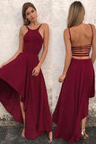 Unique A Line Burgundy High Low Sleeveless Backless Prom Dresses, Cheap Evening Dresses STB15450