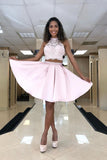 Two Piece Lace Top Satin Skirt Homecoming Dress With