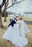 Long Sleeve Lace Sheer Neckline Boho Wedding Dresses Appliques Tulle Bridal