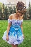 Cute Off the Shoulder Blue Lace Appliques Short Prom Gowns, Cute Homecoming Dresses STB15135
