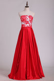 New Arrival Strapless With Applique A Line Satin Evening Dresses Floor Length