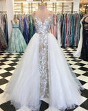 Sheath Spaghetti Straps White Detachable Train Prom Dress with Appliques, Quinceanera Dresses STB15373
