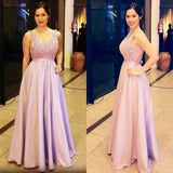 Elegant lavender satin A-line beading long prom dress V-neck sexy dress