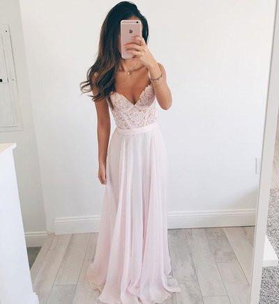 Elegant A-line V-neck Long Chiffon Baby Pink Long Prom Dress Evening Dresses