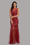 See Through Burgundy Mermaid Bateau Prom Dresses with Beading Tulle Party Dresses STB15324