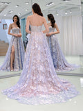 Charming Sweetheart Strapless Lace Appliques Lilac Prom Dresses with STB20404