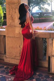 Chic Red Spaghetti Straps Mermaid V Neck Prom Dresses with Appliques, Formal Dresses STB15571