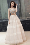 Unique V Neck Tulle Lace Long Prom Dress Tulle V Back Evening Dress With