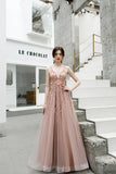 A Line V Neck Pink Beads Straps Prom Dresses Lace up, Long Dance STB20387