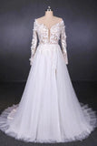 Long Sleeves White A-line Tulle Beach Wedding Dresses with Lace Appliques, Bridal Dress STB15255