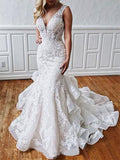 Stunning Mermaid Lace V Neck Backless Wedding Dresses Straps Wedding Gowns STB15438