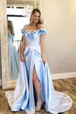 A-Line Off-The-Shoulder Split Prom Dress With Flowers