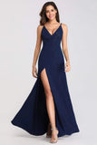 Sexy V Neck Long Spaghetti Straps Mermaid Navy Blue Prom Dresses with High Split STB15366