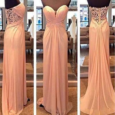 Lace See Through Blush Pink Sweetheart Strapless Open Back A-Line Long Prom Dresses
