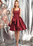 Neckline A-Line Sydnee Satin Homecoming Dresses Square Cascading Dress Homecoming Ruffles With Knee-Length Bow(s)
