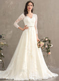 Jan Ball-Gown/Princess Sequins Lace Wedding Dresses Train Wedding Dress Tulle Chapel V-neck Beading With