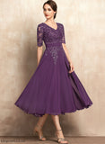Mother of the Bride Dresses With V-neck A-Line Dress Bride Lace the of Chiffon Polly Sequins Tea-Length Mother