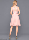 Cocktail Dresses Beading Charmeuse Dress A-Line With Chiffon Neck Val Scoop Knee-Length Sequins Cocktail Lace