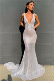 Sexy Deep V Neck Sequined Prom Dresses, Stunning Backless Mermaid Evening Dresses STB15595
