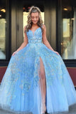 Elegant A Line Lace Appliques Blue V Neck Prom Dresses, Long Evening STB15635