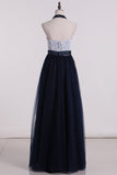 Halter With Beading A Line Prom Dresses Tulle & Lace Floor