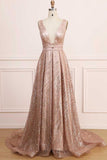 A Line Deep V Neck Long Prom Dress With Sequins, Glitter Sleeveless Evening