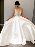 Simple A-Line Deep V Neck Satin Ivory Wedding Dress with Lace Appliques STB15387
