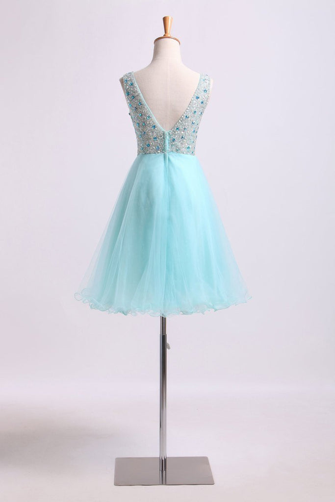 V Neck Homecoming Dresses Beaded Bodice A Line Short/Mini Tulle And