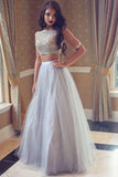 Grey Two Pieces Simple Tulle Long Scoop Sleeveless A-line Beading Evening Dresses