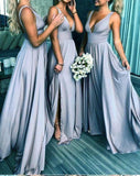 Elegant A Line V Neck Blue Straps Bridesmaid Dresses, Wedding Party STB15641