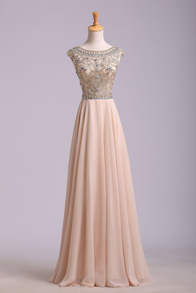 Prom Dress Scoop A Line Floor Length Beaded Tulle Bodice With Chiffon Skirt