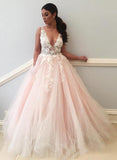 Charming Ball Gown V Neck Tulle Lace Appliques Prom Dresses, Evening STB15625