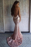 Sexy Rose Gold Sequins Mermaid Long Prom Dresses Spaghetti Straps Backless Party Dresses STB15349