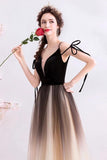 Spaghetti Straps Black Deep V Neck Formal Dress, Floor Length Tulle Ombre Prom Dresses STB15409