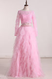 Two-Piece Long Sleeves Prom Dresses A Line Bateau Tulle &