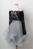 A Line Black Lace Off Shoulder Homecoming Dresses With Long