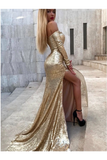 Mermaid Long Split Prom Dress Gold Sequined Evening Dress With