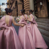 Ball Gown High Neck Satin V Neck Bridesmaid Dresses with Bowknot, Wedding Party Dress STB15559