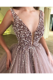 Beaded Tulle Deep Illusion V Neck Ball Gown Prom Dress Floor