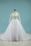 New A Line Scoop Long Sleeves Wedding Dress Tulle With