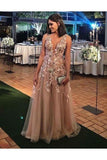 A-Line V Neck Appliques Floor Length Prom Dresses Tulle Evening STBP82T3LY5