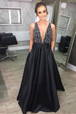 Prom Dress V Neck Satin With Beads And Sequins Open