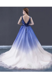 Ombre Contrast Colored A Line Prom Dress Pleated V Neck Long Formal